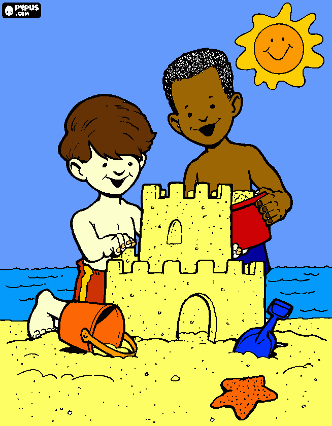 niños construyendo un bonito castillo de arena  para colorear