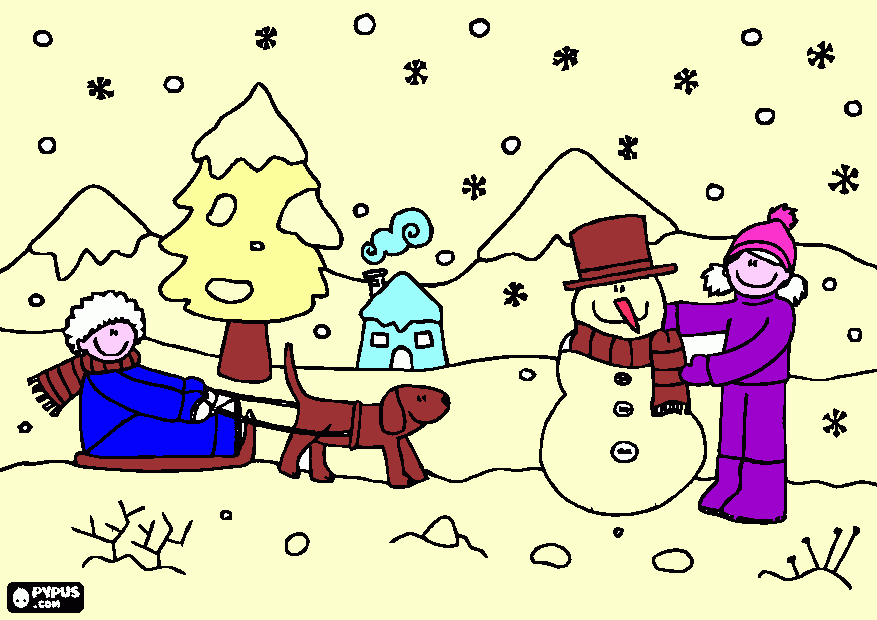 niños jugando en la nieve para colorear