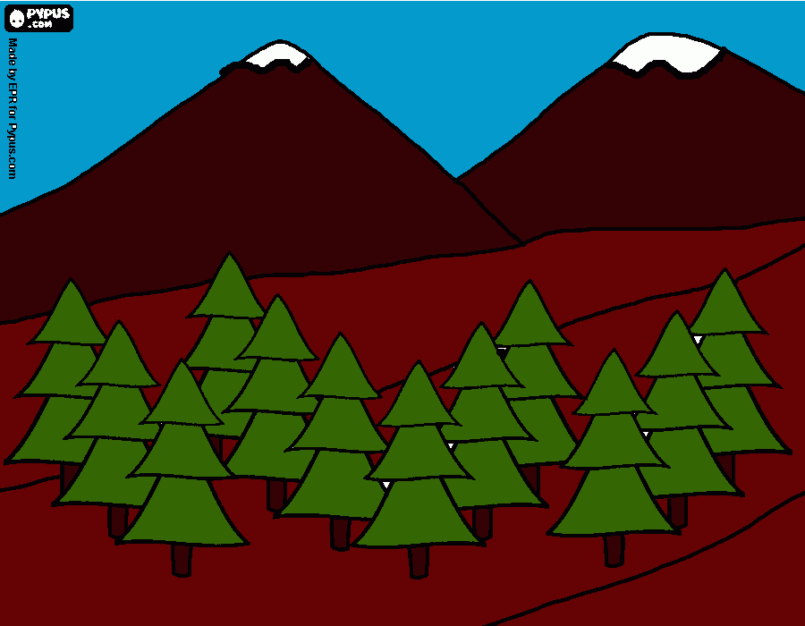 paisaje de montañas y arboles para colorear