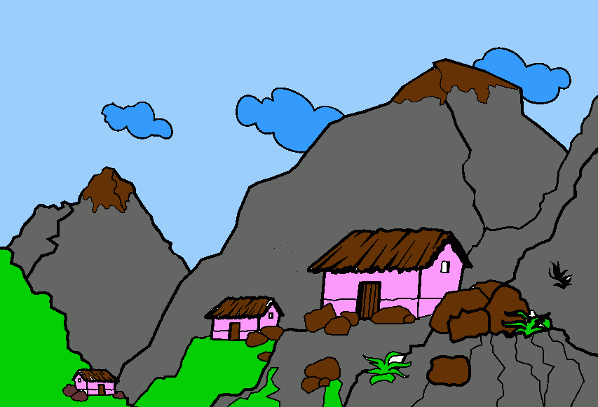 paisaje de montañas y casas para colorear