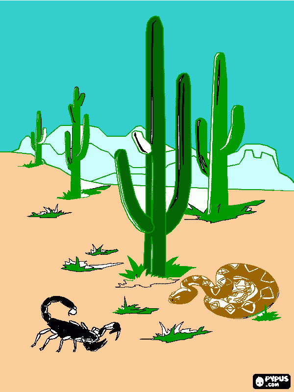 Paisaje en el desierto con cactus, serpiente y escorpión para colorear
