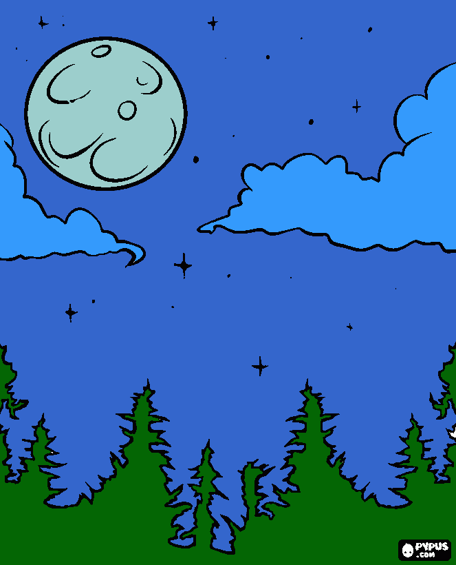 paisaje nocturno con luna llena para colorear