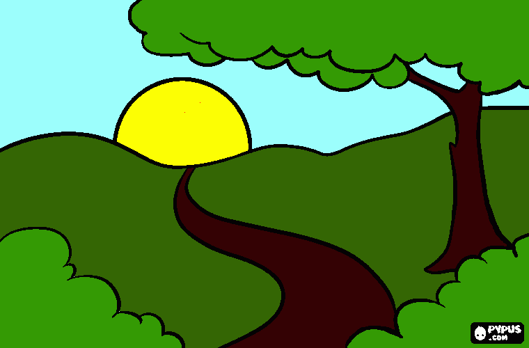 paisaje para caminar y disfrutar el atardecer para colorear