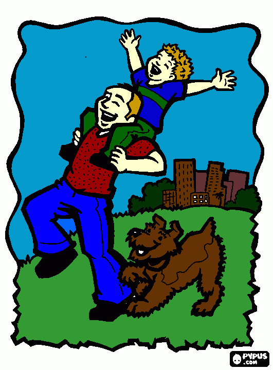 papa su hijo y el perro paseando por el parque para colorear