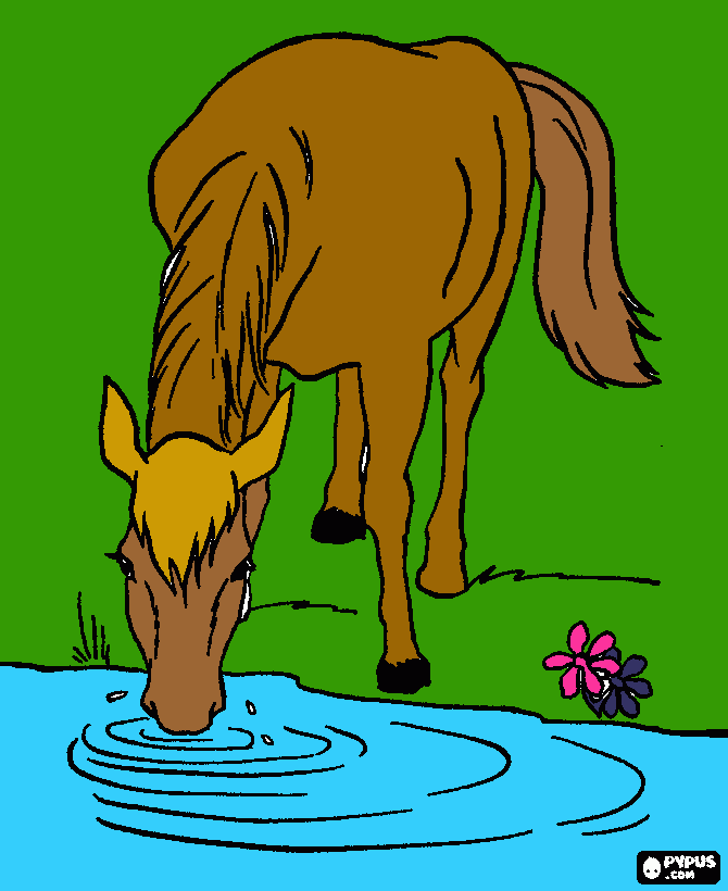 pasto verde  flores y  caballo cafe para colorear