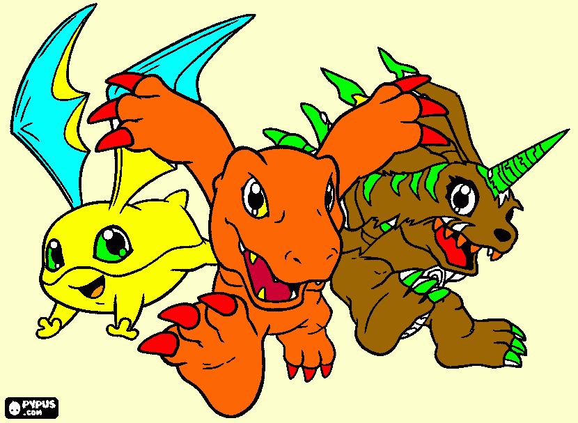 Patamon , Agumon , Gabumon de digimon fusion. para colorear
