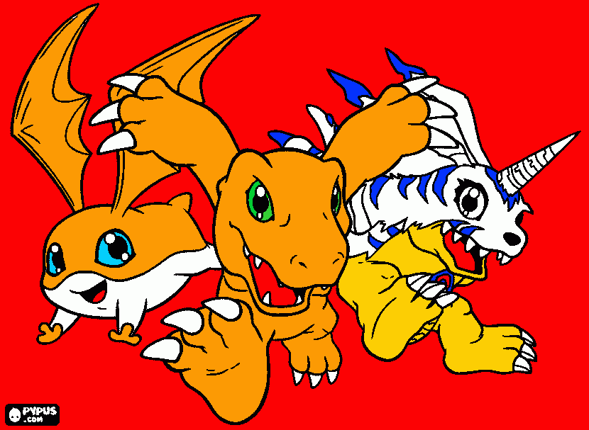 patamon, agumon y gabumon para colorear
