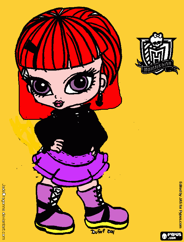 peliroja vampira blusa negra falda violeta zapatos amarillos con violeta balanca 2000 años nombre dracudina para colorear