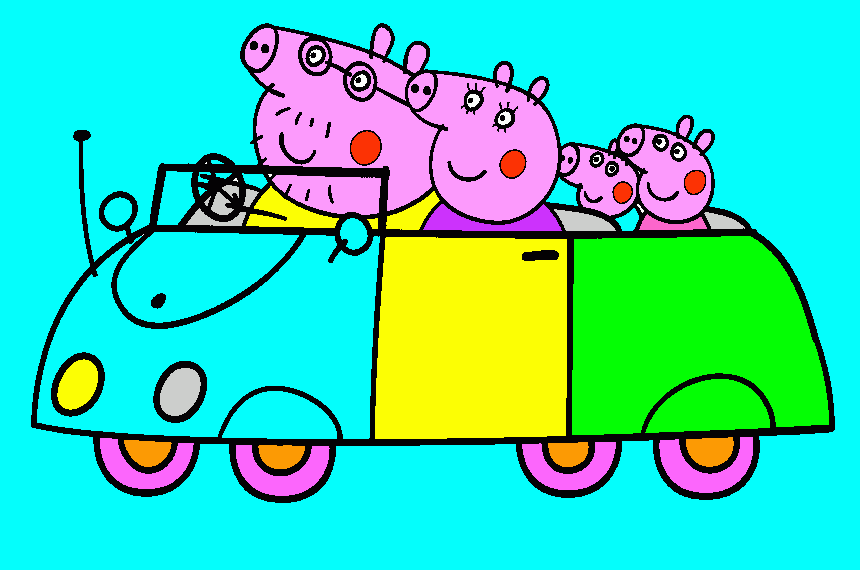 pepa  pig  con  su   familia  en  coche para colorear