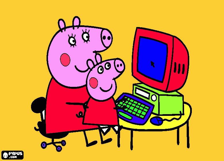 pepa pig con su mamá en el pc para colorear