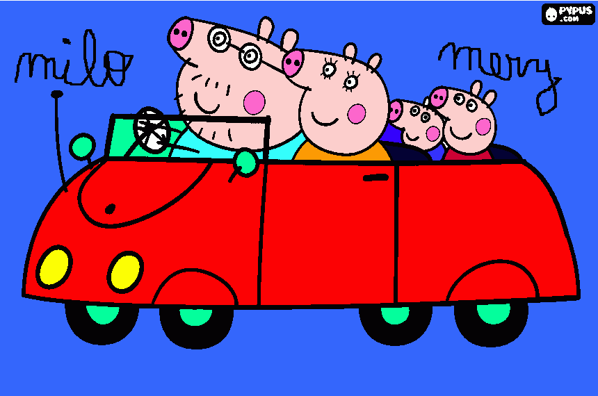 PEPA Y FAMILIA EN AUTO para colorear
