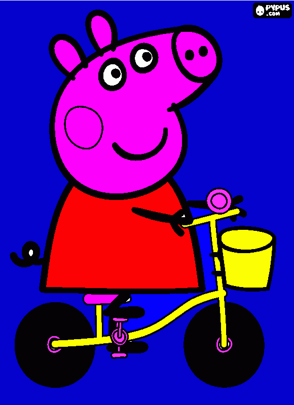Peppa montando en una bici con cielo azul para colorear