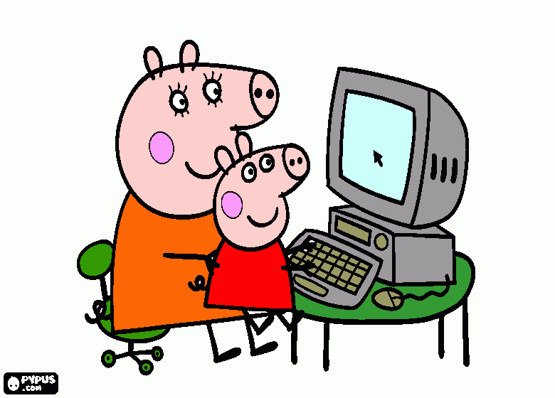 peppa pig con su mamá trabajando en un pc para colorear