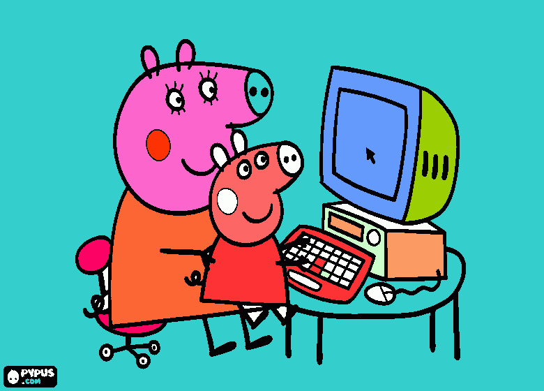 peppa  PIg Y SU  MADRE  EN  EL   ORDENADOR  O  COMPUTADOR para colorear
