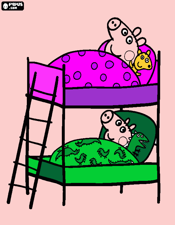 peppa y george en su cama juntos y ya listos para dormir para colorear