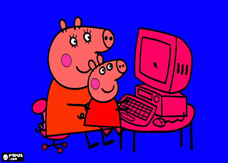 peppa y mama cerdita estan centadas en el computador para colorear