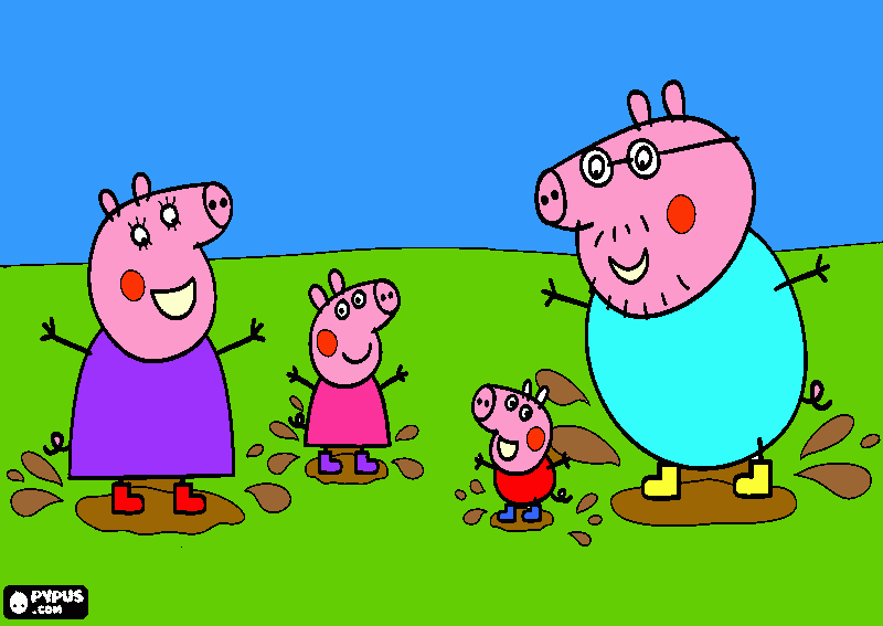 peppa y su familia saltando en los charcos de lodos  para colorear
