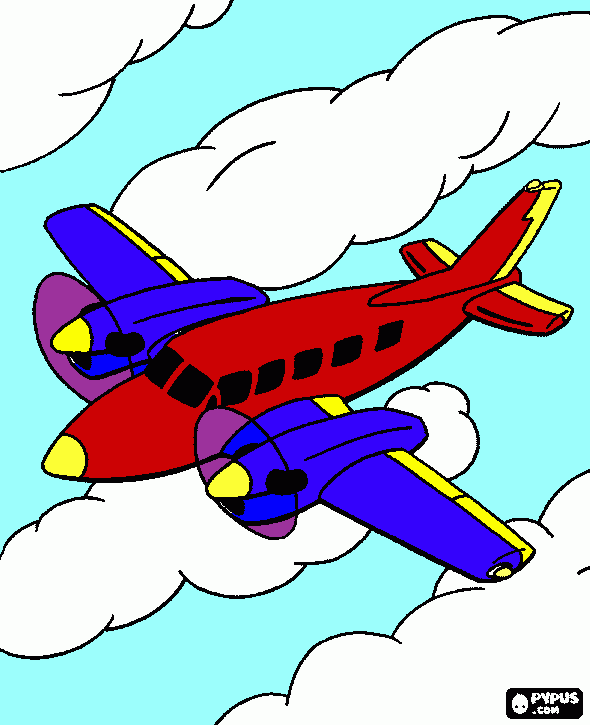 pequeño avion con helices entre las nubes para colorear