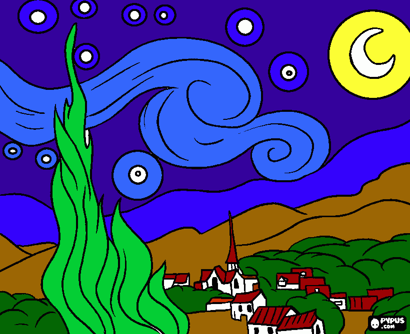 Pequeño pueblo o pueblecito en el paisaje en una noche estrellada para colorear