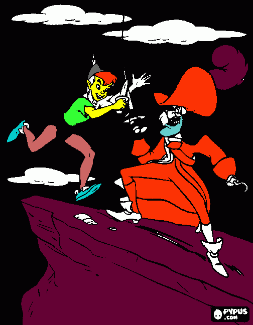 Peter y Garfio luchando en la roca de la calavera para colorear