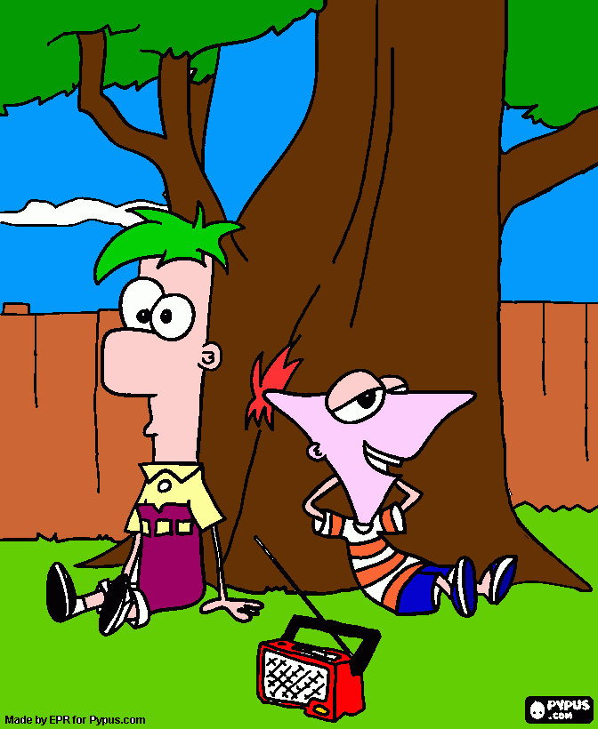 Phineas y Ferb bajo del arbol para colorear
