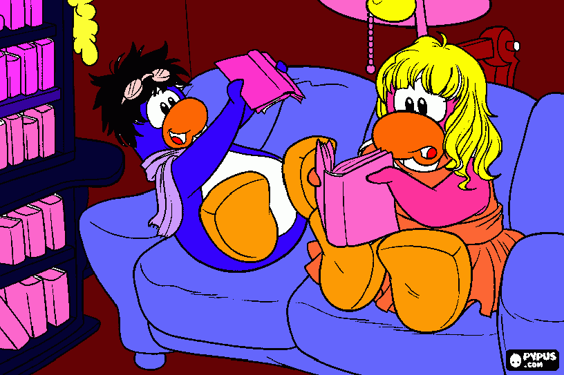 pinguinos leyendo  en la biblioteca. para colorear