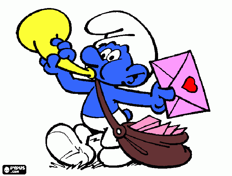 Pitufo entregando tarjetas para Pitufina por su cumpleaños para colorear