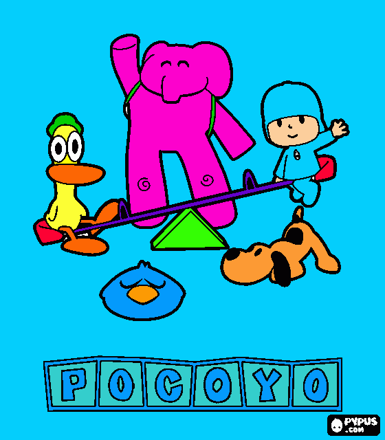 pocoyo pato y eli estan jugando en el columpio mientras el perro estadurmiendo para colorear