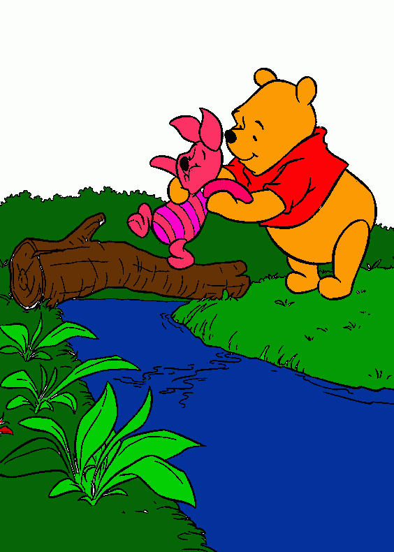 pooh ayuda a piglet a cruzar el puente para colorear