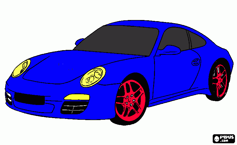 PORCHE AZUL LLANTAS ROJAS Y FAROS AMARILLOS para colorear