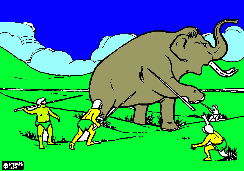 Prehistóricos cazando elefante para colorear