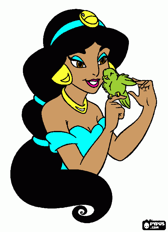 princesa Jazmin con un pajarito en la mano para colorear