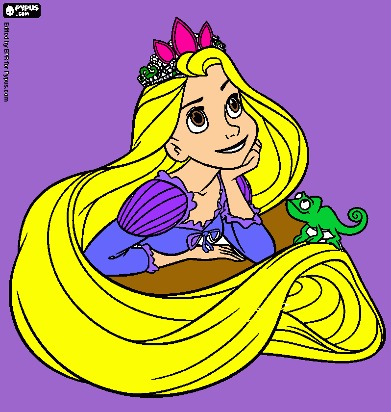 princesa rubia con corona, cabello muy largo, ojos marrones. para colorear