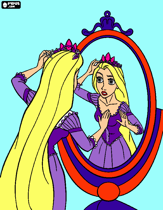 rapunzel con la corona en la cabeza frente al espejo para colorear