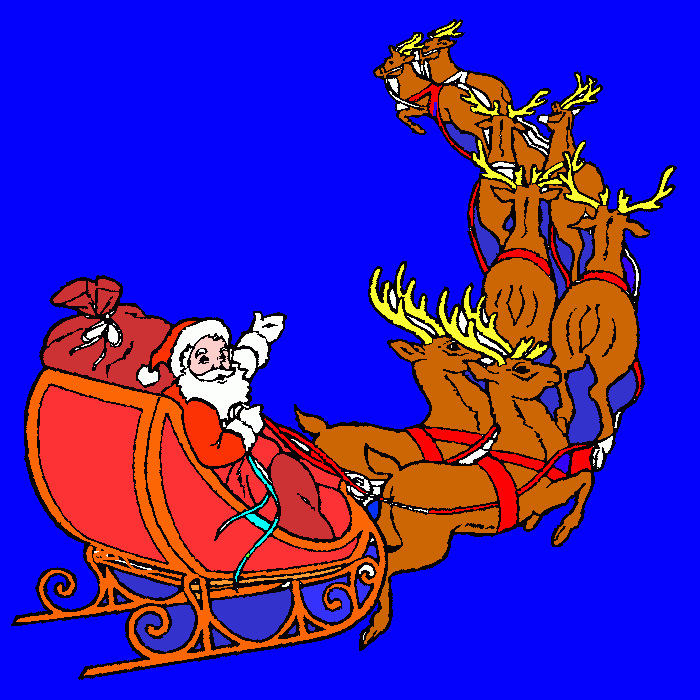 santa claus en su trineo jalado por renos magicos para colorear