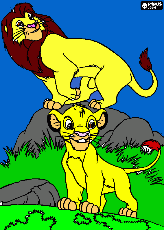simba con su padre Mufasa, el Rey leon para colorear
