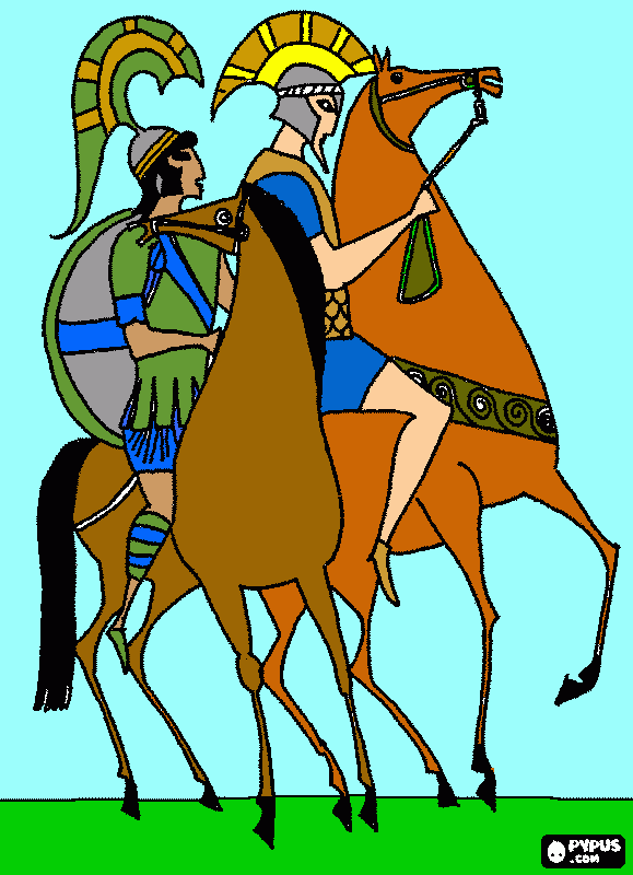 soldados griegos montados a caballos callabos con sus cascos y capas para colorear