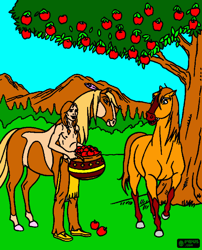 Spirit y Little Creek con otro caballo bajo un manzano. para colorear