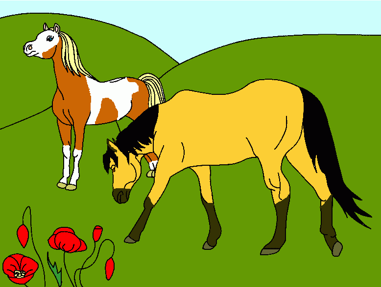 Spirit y Rain en prado para colorear