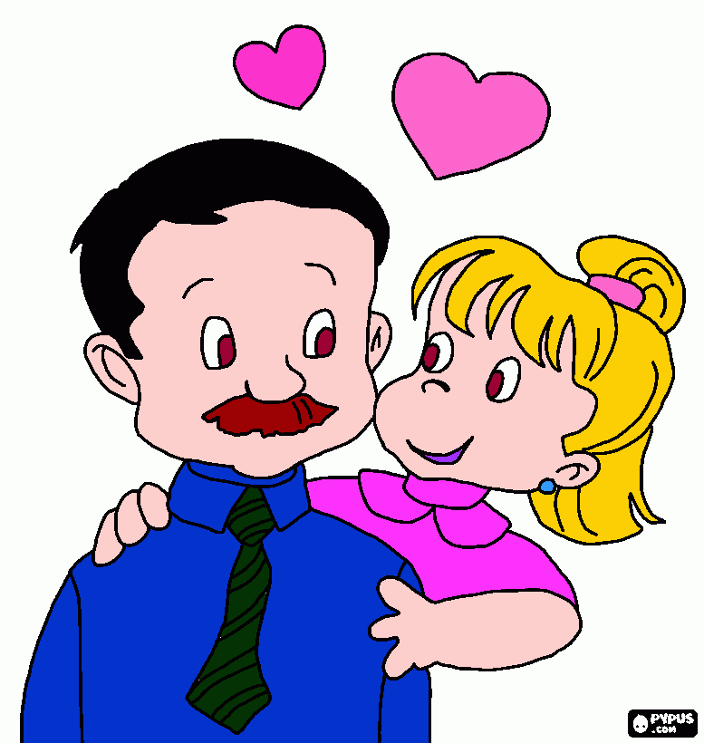 tiene corazones, una niña esta abrazando a su papá llegando del trabajo y le dio un beso. para colorear