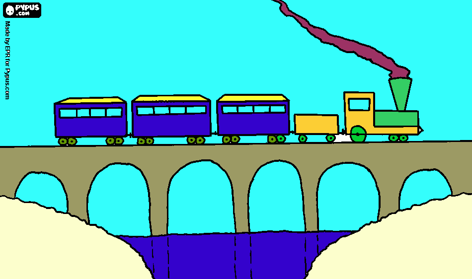 tren de vapor pasando x un puente para colorear