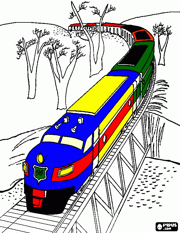 tren diesel que pasa por un puente rio para colorear