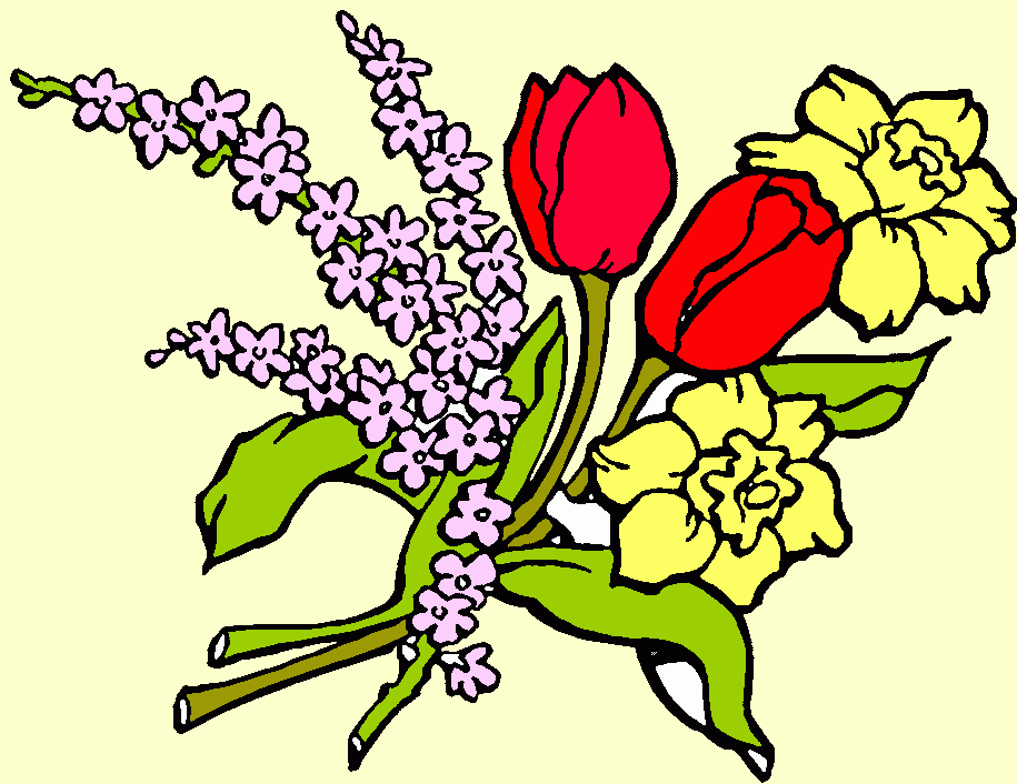 tulipanes rojos con rosas amarillas y flores moradas para colorear