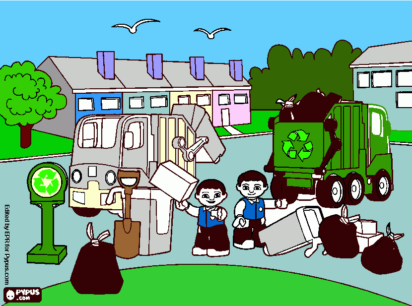 Un camión de basura y un camión de reciclaje para colorear