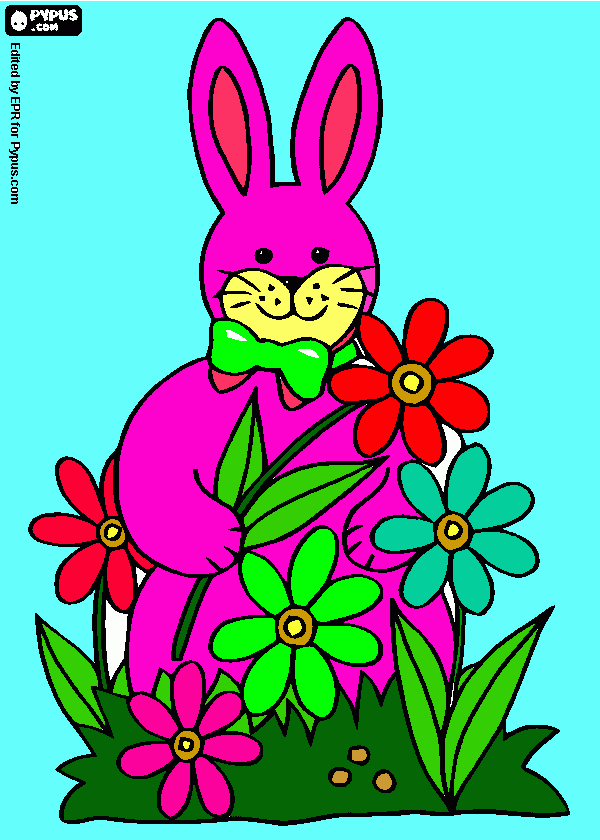Un conejo y flores de primavera para colorear