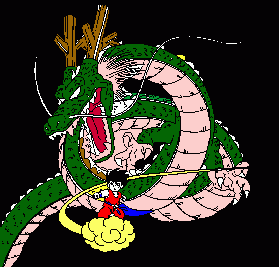 un dragon verde con cachos marrones a un niño llamado goku con ropa roja con pelo ne gro y va en una nube llamada nube voladora para colorear