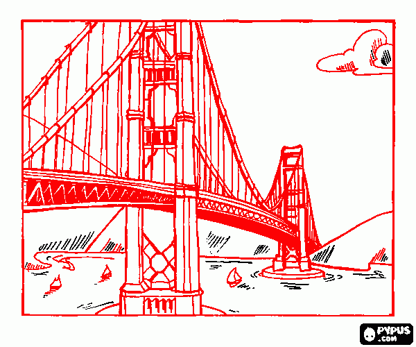 Un puente rojo colgando sobre el río para colorear