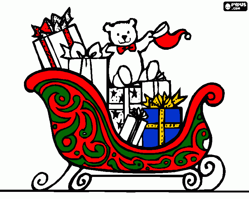 un trineo con regalos y un oso para colorear