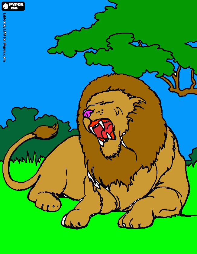 un viejo león descansando bajo los arboles para colorear