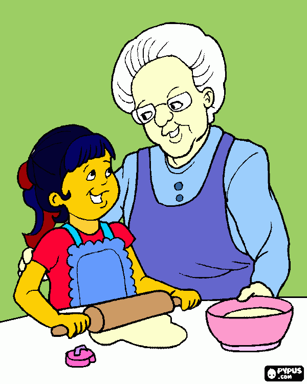 una abuela cocinando con su nieta para colorear